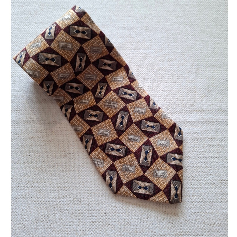 Vintage 90s Silk Tie Earthtone Abstract Geometric Jacquard Made in USA 58x3.75